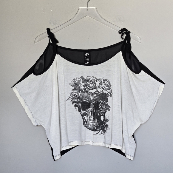 Lip Service Punk Alt Emo Skull Rose Cropped Tank Mesh Cold Shoulder Edgy Goth S - Picture 2 of 12